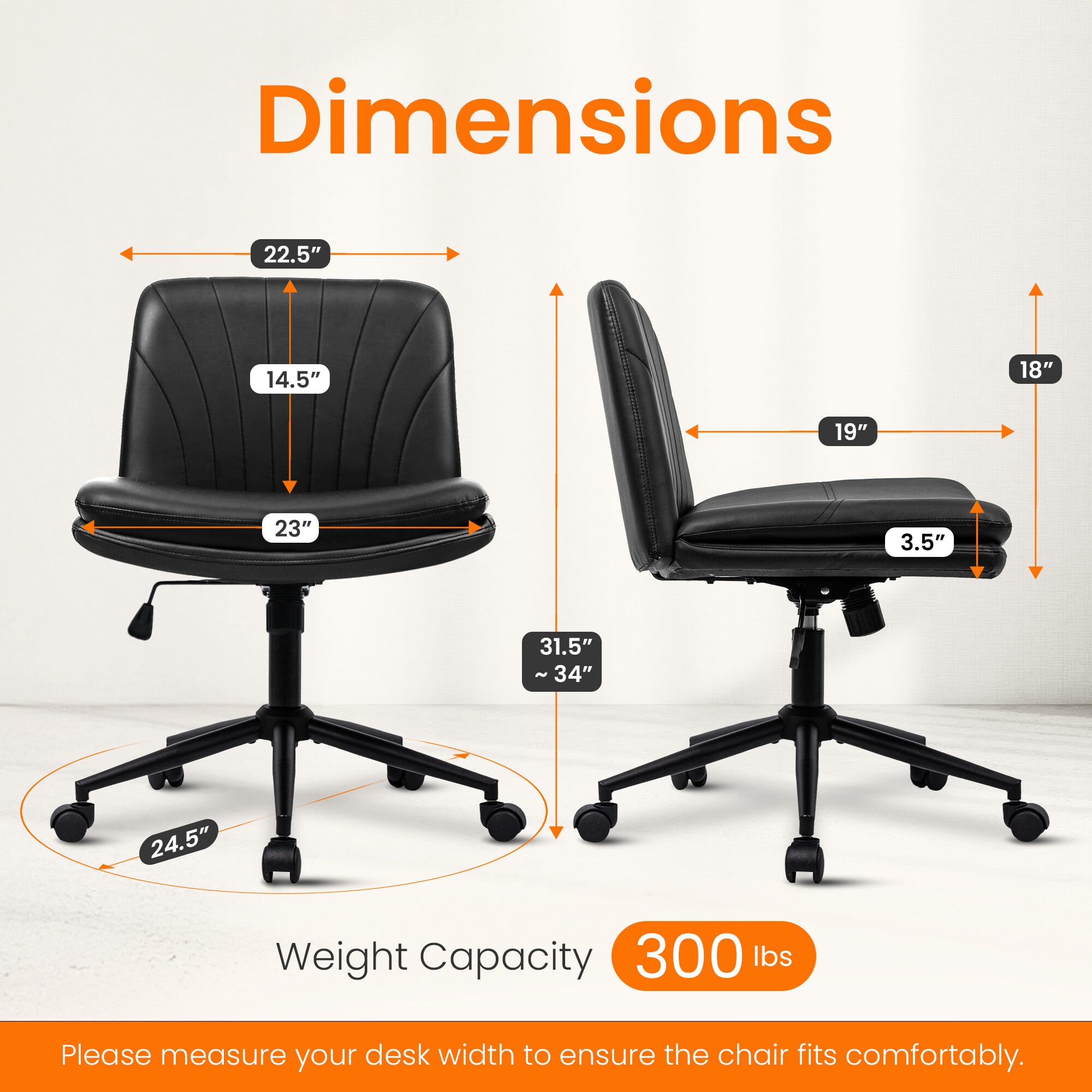 NEO CHAIR Criss Cross Chair with Wheels Armless Cross Legged Office Desk Wide Comfy Vanity Makeup Chair Adjustable Swivel Rolling Computer for Home Office PU Leather (Black)