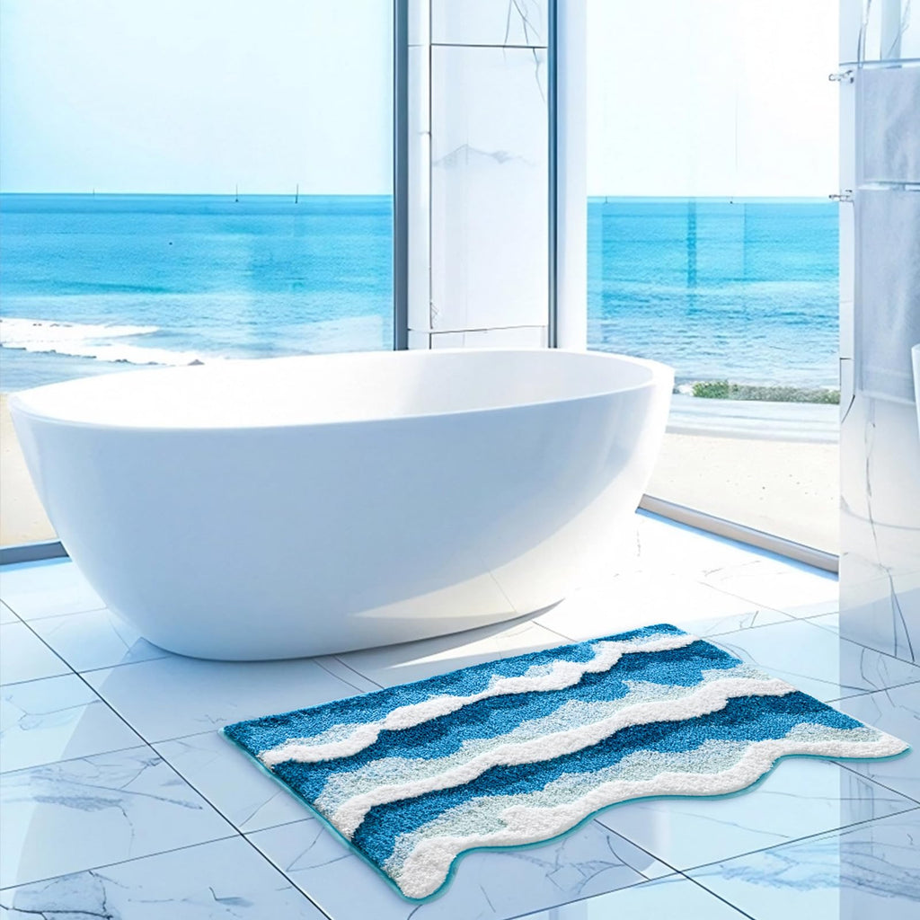 Moutina 3D Ocean Wave Bathroom Rugs Blue 21x32 Inch, Soft and Absorbent Tufted Beach Bath Mat Non Slip Washable, Coastal Nautical Decor for Bathroom Bedroom