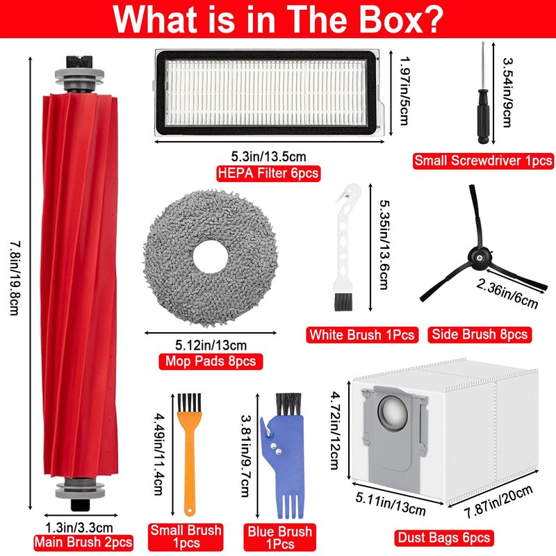 34 PCS Accessories Replacement Kit for Roborock Qrevo S/Qrevo Plus/Qrevo Pro/Qrevo MaxV Vacuum Robot,2 Main Brush,8 Mop Pads,8 Side Brushes,6 HEPA Filter,6 Dust Bags,3 Cleaning Brushes,1 Screwdriver