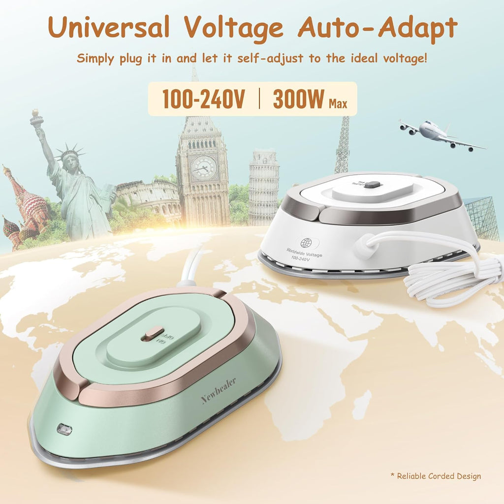 Newbealer Travel Iron - Mini Dry Iron with Global Voltage, 300W Power, 60s Heat Up, Non-Stick Soleplate | Green