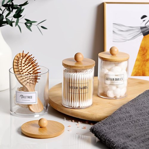 Apothecary Jar Qtip Holder Dispenser Set - 3 Pack Bamboo Lids for Stylish Vanity Storage