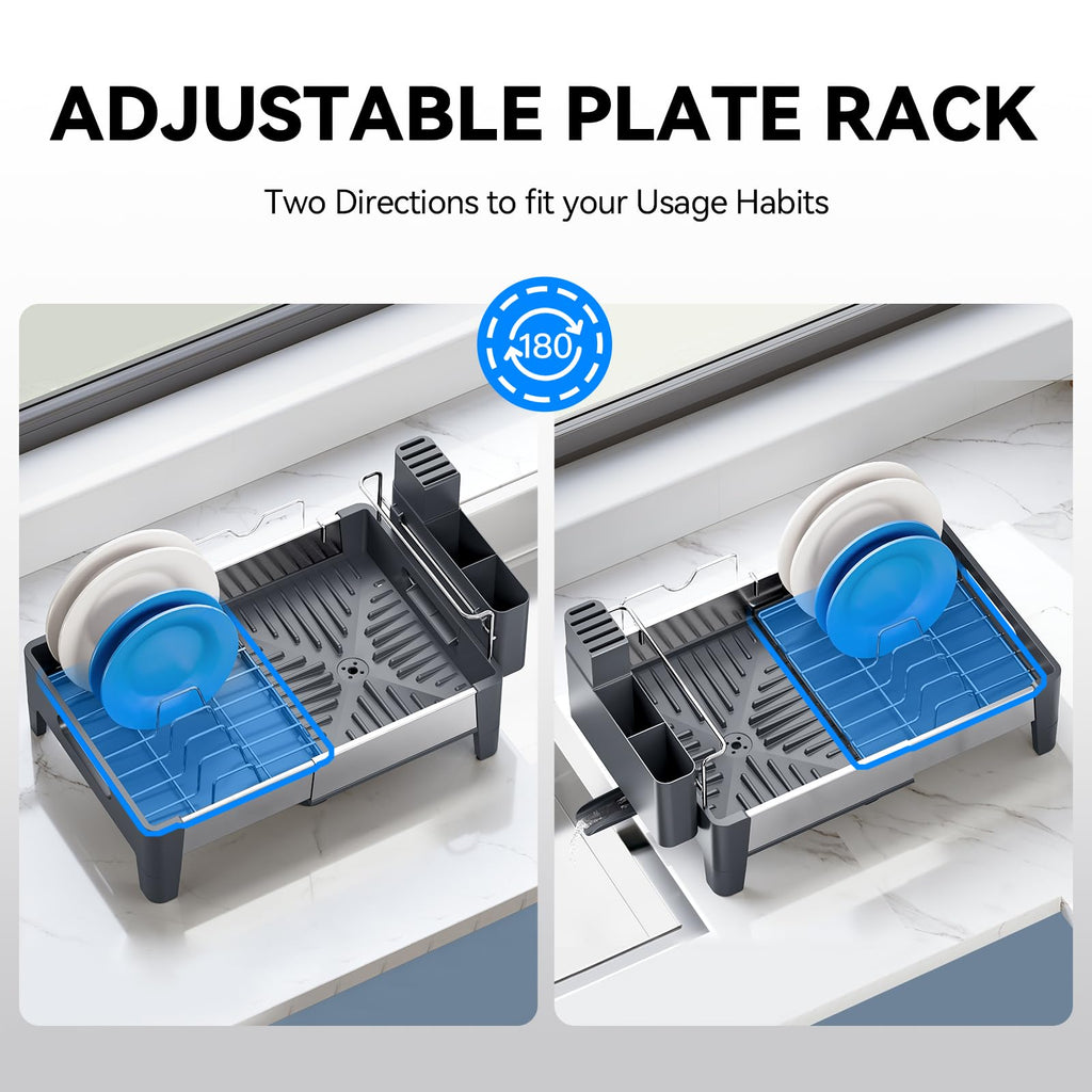 Urackify Expandable Dish Drying Rack, Stainless Steel Dish Rack with Aluminum Frame, Dish Drainer for Kitchen Counter, Space Saving Kitchen Drying Rack with Movable Utensil Holder, Gray