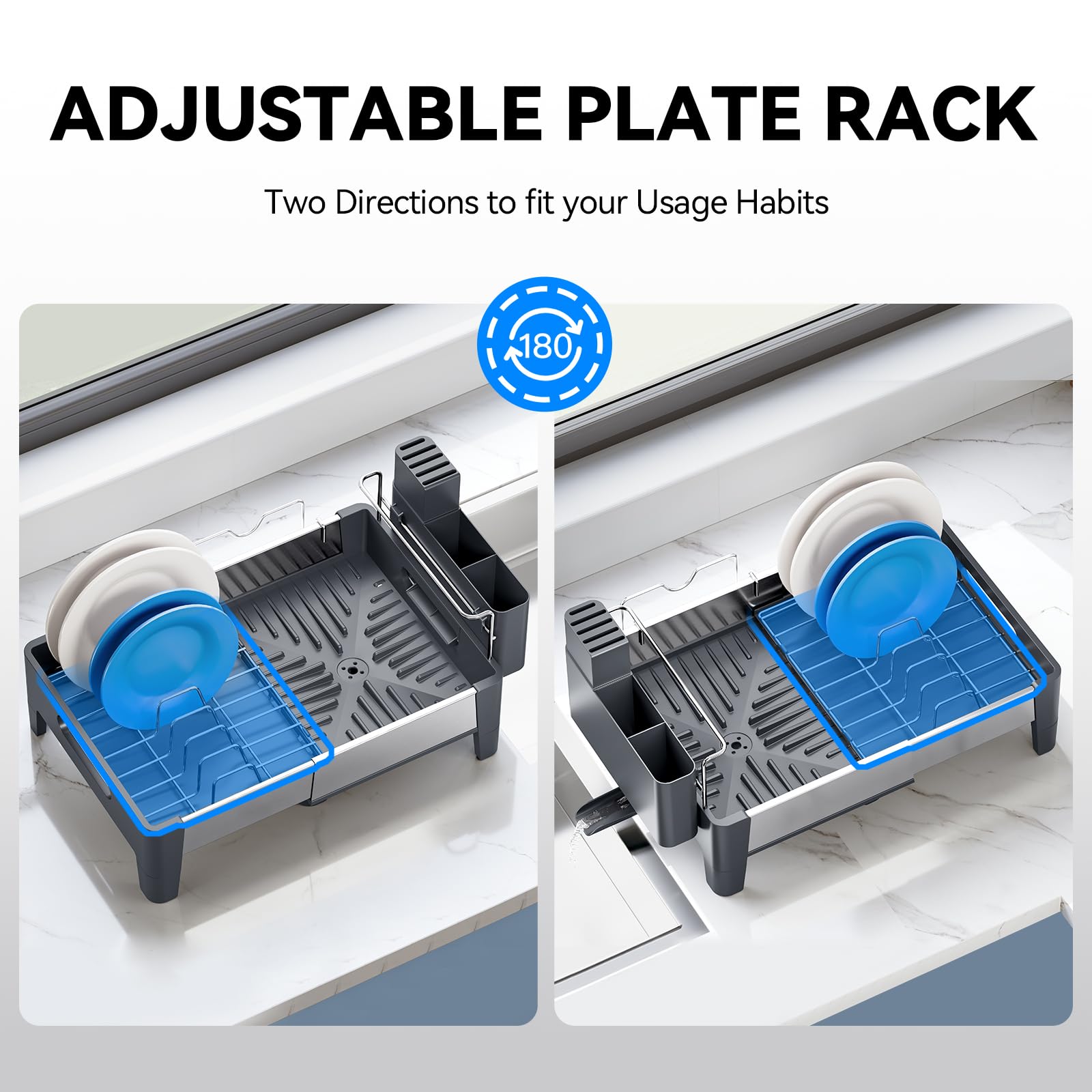 Urackify Expandable Dish Drying Rack, Stainless Steel Dish Rack with Aluminum Frame, Dish Drainer for Kitchen Counter, Space Saving Kitchen Drying Rack with Movable Utensil Holder, Gray
