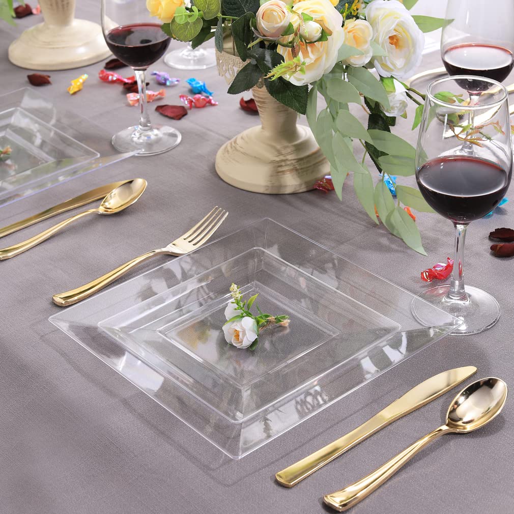 WDF 60PCS Clear Plastic Plates-9.5inch Square Disposable Plates - Premium Square Plastic Dinner Plates-Clear Dinner Plates Perfect for Wedding & Parties