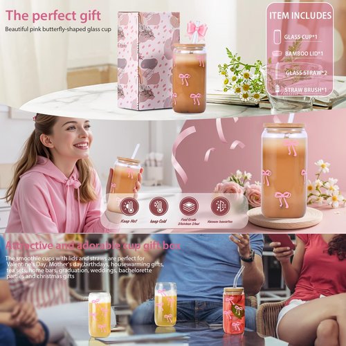 GLECTG Cute Pink Bow Glass Cups with Lids & Straws, Aesthetic Iced Coffee Cup, Girly Preppy Design Tumbler Mug, Birthday Valentine Gifts for Women, Teen Girl Gifts Trendy Stuff
