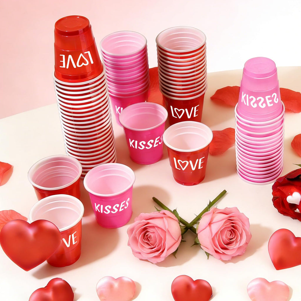 Pineburg Mother's Day Shot Glasses 100 Pack 2oz Red Pink White Cups with Heart XOXO Design for Mom's Day Party, Brunch, Celebration & Gifts