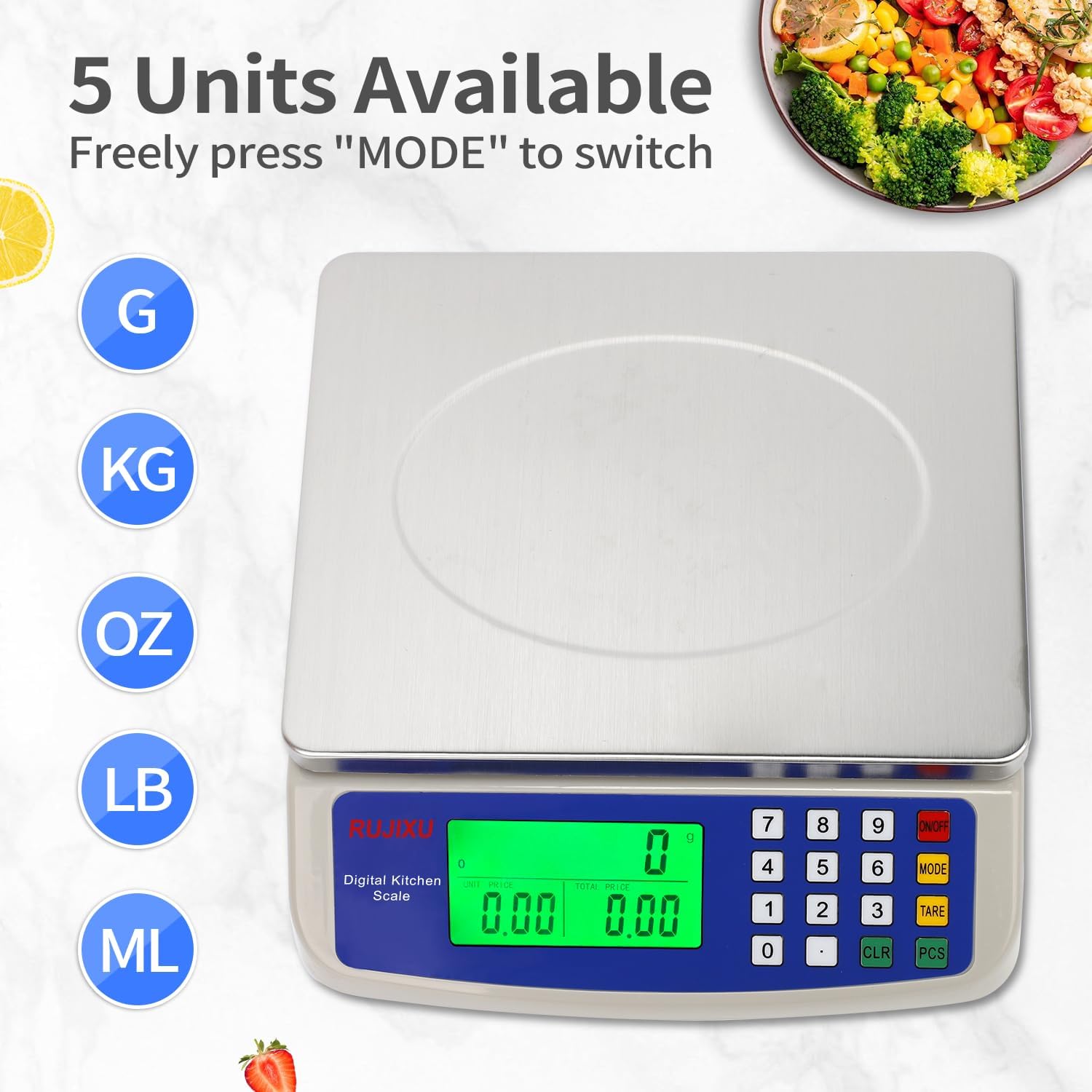 Skiennix Large Digital Kitchen Scale - 30KG Capacity | Stainless Steel, LCD Display for Baking & Food Prep