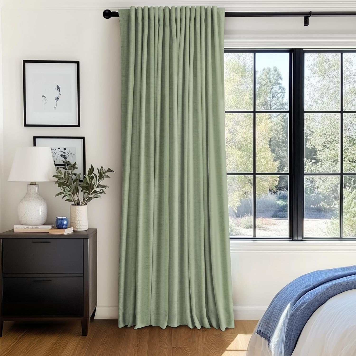 Skiennix 100% Blackout Linen Curtains - Thermal Insulated Drapes for Bedroom | 96" Long, Sage Color