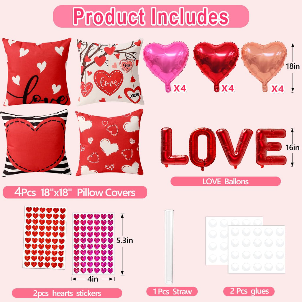 multiwins Valentine Decorations Set of 4 Double-Sided Valentine's Day Throw Pillow Covers 18" x 18", Reversible 8 Designs, with 16 pcs Heart & Love Balloons, Stickers, Complete Valentines Decor Kit