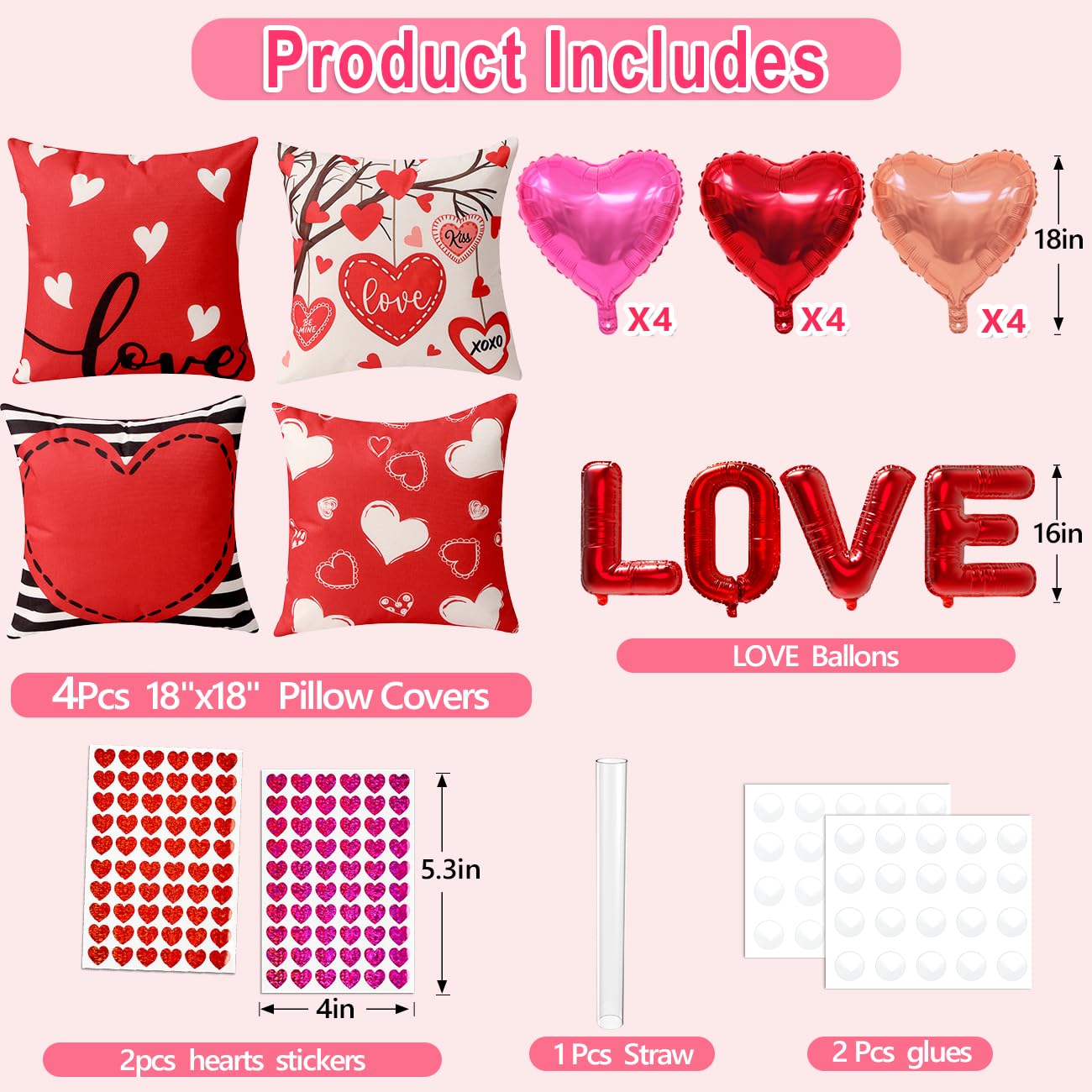 multiwins Valentine Decorations Set of 4 Double-Sided Valentine's Day Throw Pillow Covers 18" x 18", Reversible 8 Designs, with 16 pcs Heart & Love Balloons, Stickers, Complete Valentines Decor Kit