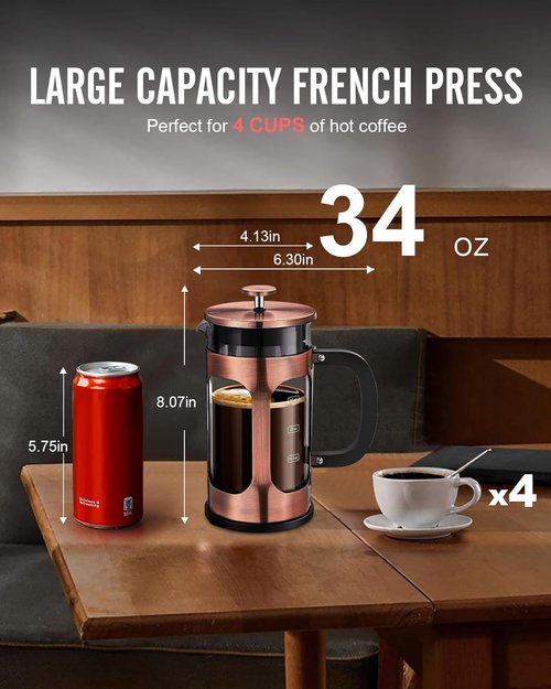 BAYKA French Press Coffee Maker - 34oz Heat Resistant Borosilicate Glass & Stainless Steel | Ideal Gift for Coffee Lovers