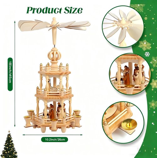 Christmas Pyramids | 18-Inch Wooden Nativity Scene Carousel with 6 Candle Holders - 3 Tiers