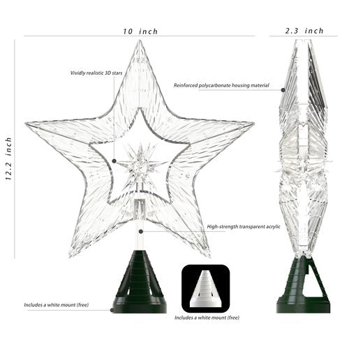 10" Christmas Tree Star Topper with Lights, Shatterproof Plastic Star Christmas Tree Topper Lighted for Christmas Tree Decorations, RGB Glow & USB Plug in