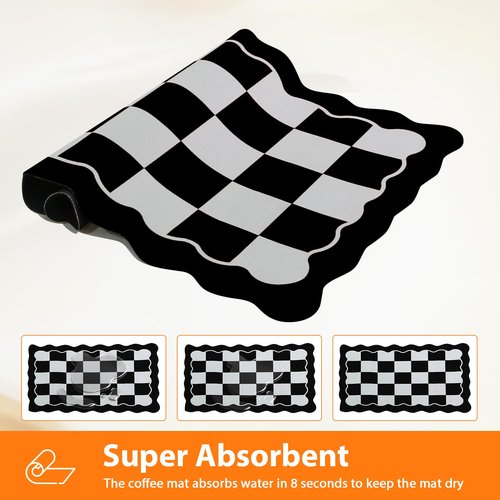 CQKEDMA Scalloped Checkered Dish Drying Mats for Kitchen Counter, Cute Coffee Mat, Absorbent, Non-Slip Rubber, Kitchen Decor (12"x19", Black)