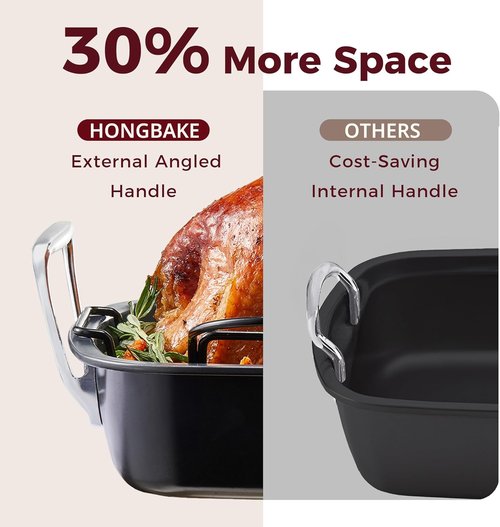 HONGBAKE Extra Large Nonstick Turkey Roasting Pan - 18.7x13.6 Inch Heavy Duty Steel with Rack & Wider Handles
