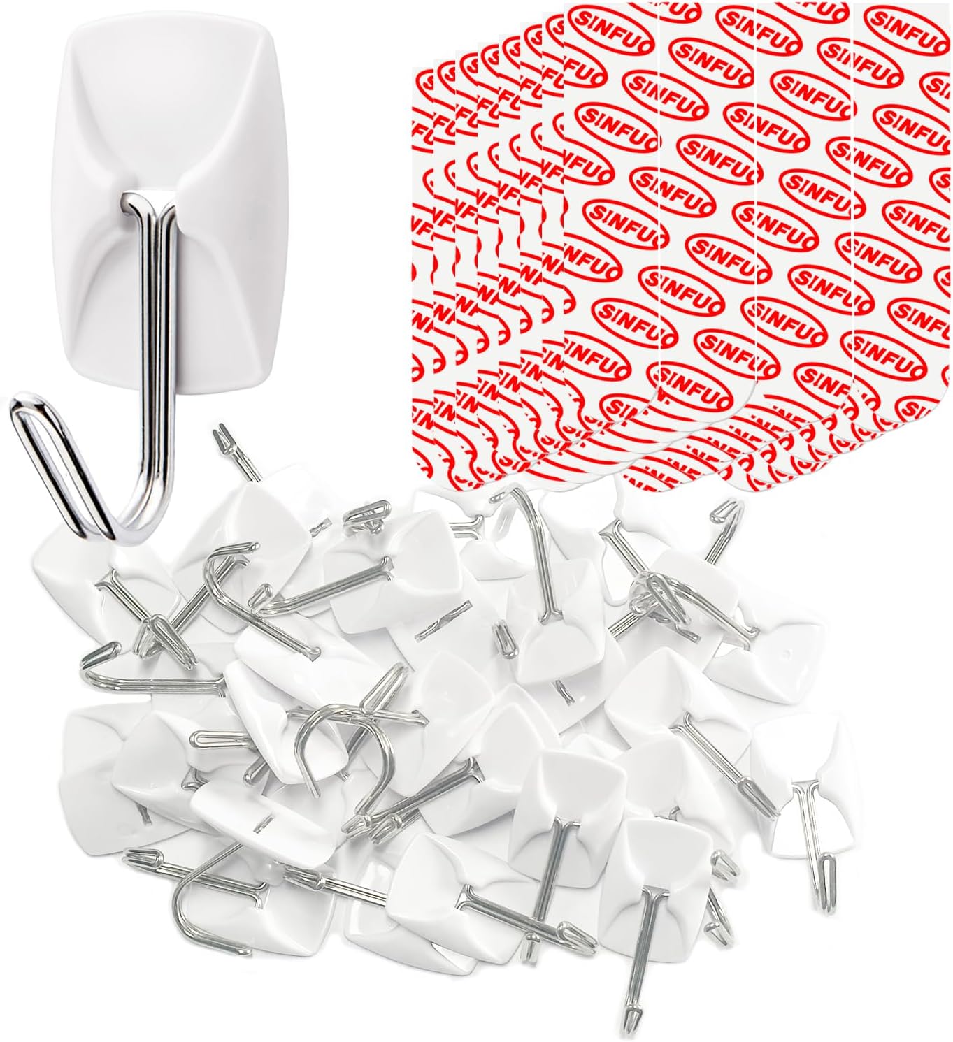 Sinfuo Heavy-Duty Wall Hooks - 32 Small Wire Hooks with 36 Damage-Free Adhesive Strips | Perfect for Keys, Coats, and More
