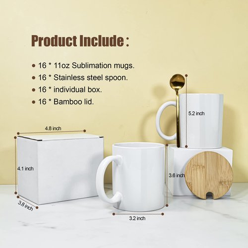 AGH 16pcs 11 oz Sublimation Mugs Blanks, White Coffee Ceramic Mugs Bulk, Plain Mug Cups for Sublimation with Bamboo Lids and Stainless Steel Spoon For Coffee, Soup, Tea, Milk, Latte