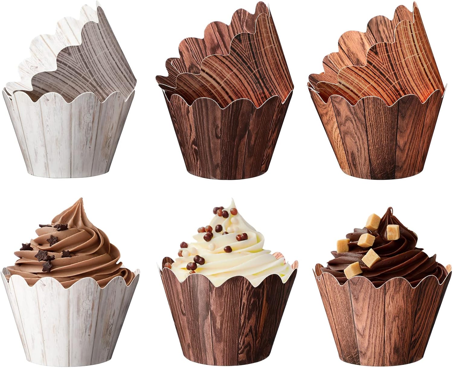 Skiennix Wood Grain Cupcake Wrappers - 120 Pcs Rustic Cake Liners for Baby Shower & Weddings | Woodland Theme