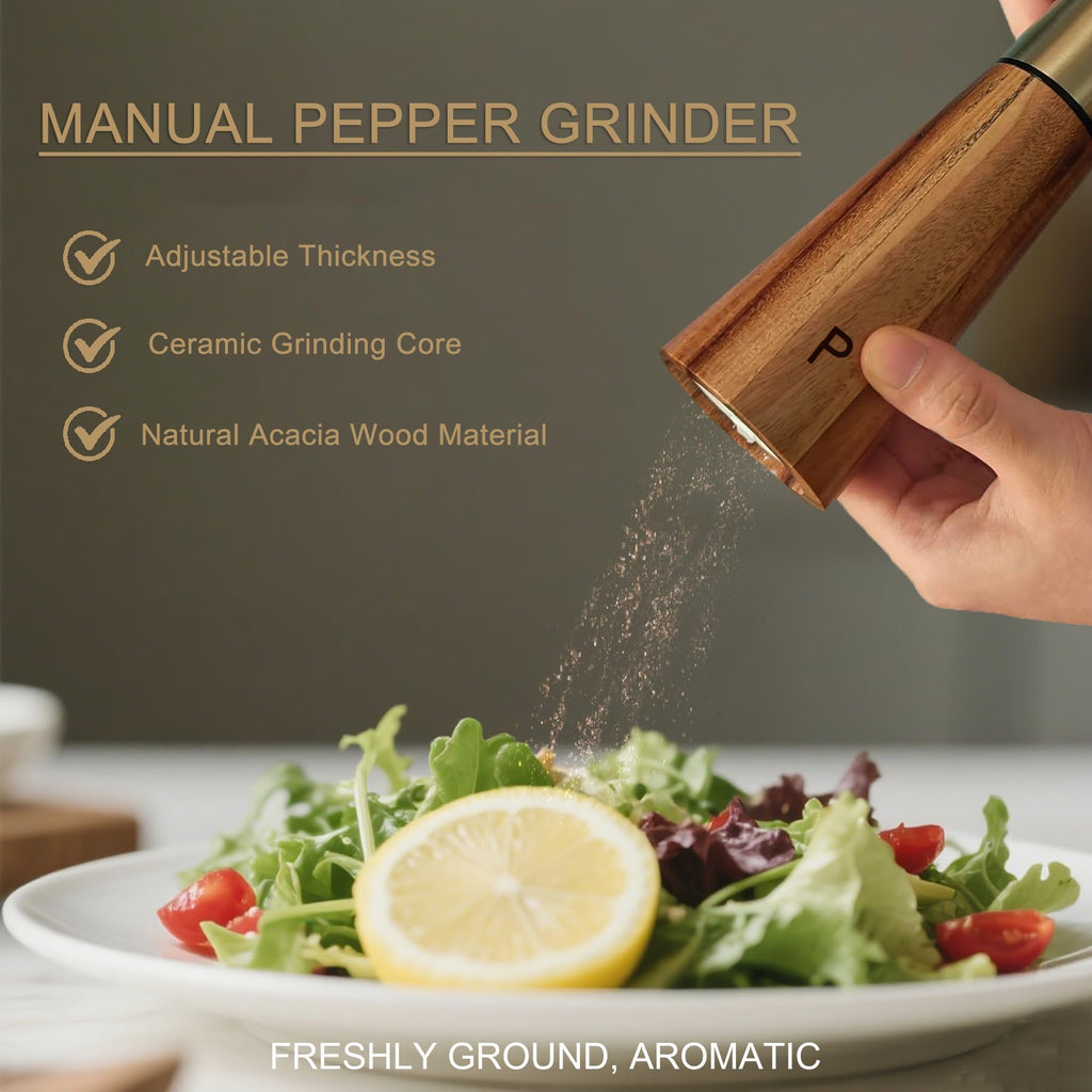 Salt and Pepper Grinder Set Gold Manual Pepper Grinder with Wooden Base, Adjustable Coarseness Refillable Ceramic Blade Grinding Enjoy Fresh Ground Pepper Salts with Spices, 2pcs-7in(7IN-Golden Wood)