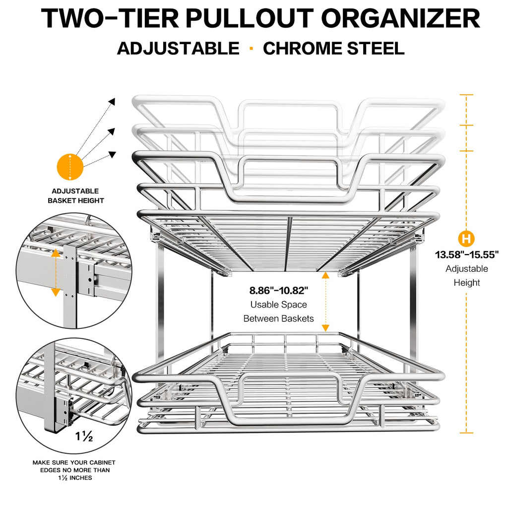 QUYUWU 2-Tier Kitchen Cabinet Pull Out Cabinet Organizer,Shelf and Drawer Organizer Slide Out Pantry Storaqe Basket in Multiple Sizes (17" W x 21" D)
