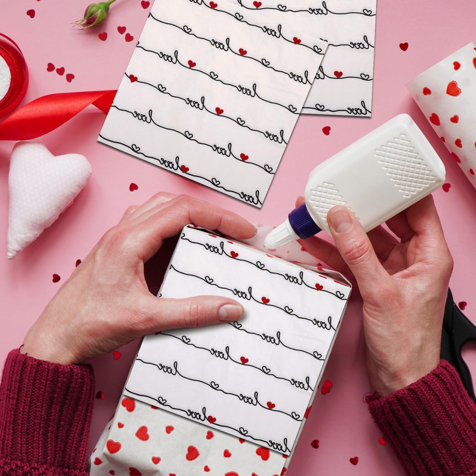 Feifeiya 60 Pcs Valentines Heart Cocktail Paper Napkins 6.5 x 6.5 Inches Love Heart Disposable Paper Napkins for Decoupage Dessert Beverage Tissue for Wedding Anniversary Party Tableware Party Supplie