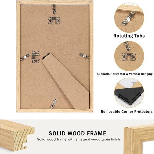 JCJMY Solid Wood Picture Frame - Display 6x8 with Mat or 8x12 Without Mat | Natural Finish, Shatter-Resistant Plexiglass