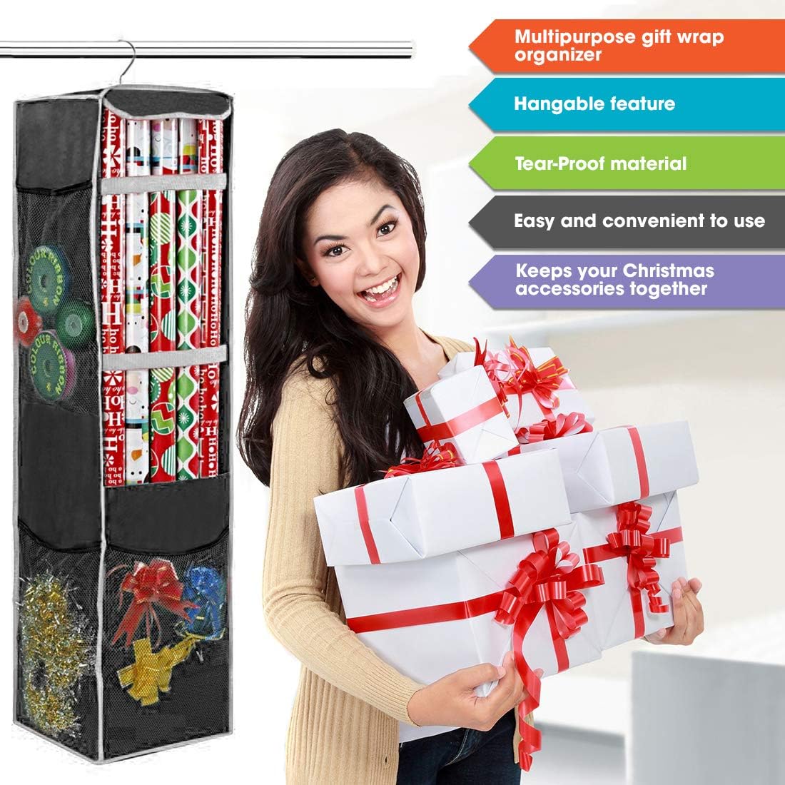 ProPik Holiday Wrapping Paper Storage Bag - 360° Swivel Hanger with Mesh Pockets | Holds Up to 25 Rolls, 40 Inch, Black
