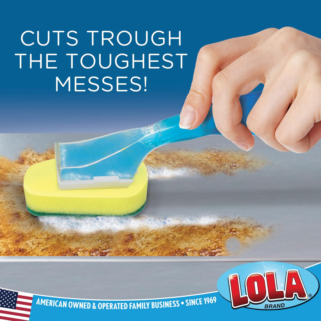 LOLA Dish Brush w/Soap Dispenser Wand, 1 Brush w/Head & 6 Refills, Absorbent Sponge Scrubber, No Leaking. Clean Dishes, Sinks and Cookware