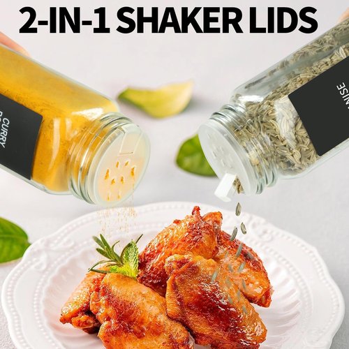 GMAMXD 36 Glass Spice Jars with Labels, Spice Jar Set, 4oz Spice Containers, Seasoning Containers with Black Airtight Lids and Shaker Lids, Square Empty Spice Bottles, 492 Labels, 1 Funnel