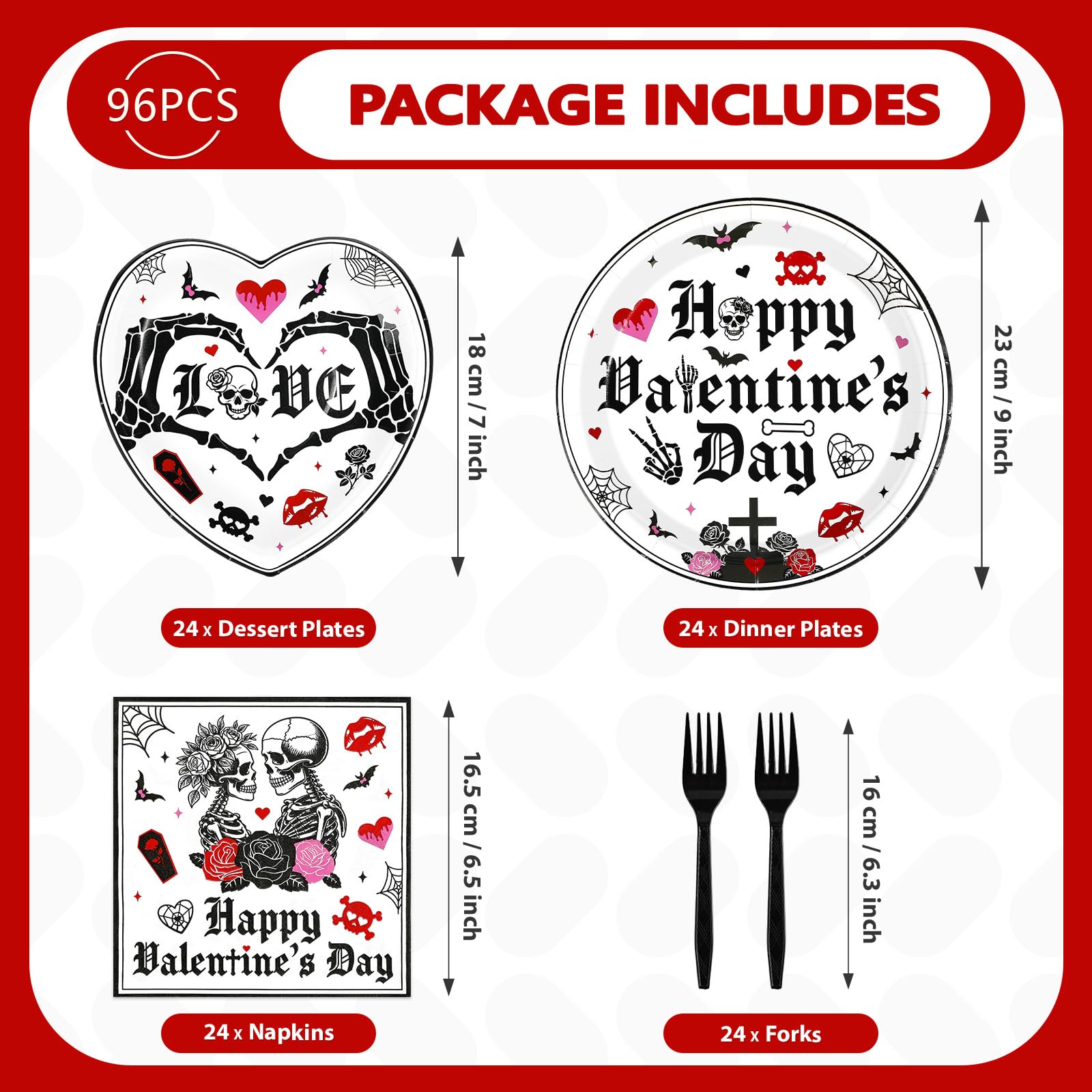 Greencian 96Pcs Valentine's Day Party Supplies Romantic Gothic Heart Love Plates and Napkins Happy Valentine Day Tableware Set for Gothic Valentines Day Wedding Anniversary Party Supplies Serves 24