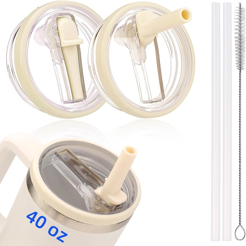 2 Pack Leakproof Stanley Lid Replacement 40 oz for Quencher H2.0 Cup Accessories, Cream-colored, Flip Straw Leak Proof 40oz Tumbler Lid for Stanley, BPA-free Cup Top, Spill Proof Straw Cover