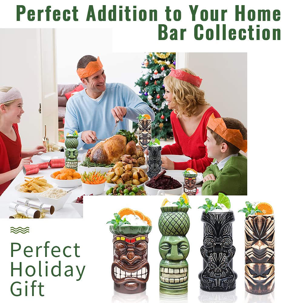 LINALL Tiki Mugs Cocktail Set of 8 - Tumblers Ceramic Hawaiian Luau Party Mugs Drinkware, Cute Exotic Cocktail Glasses, Tiki Bar Professional Hawaiian Party Barware, TKSET0017 (8pcs)