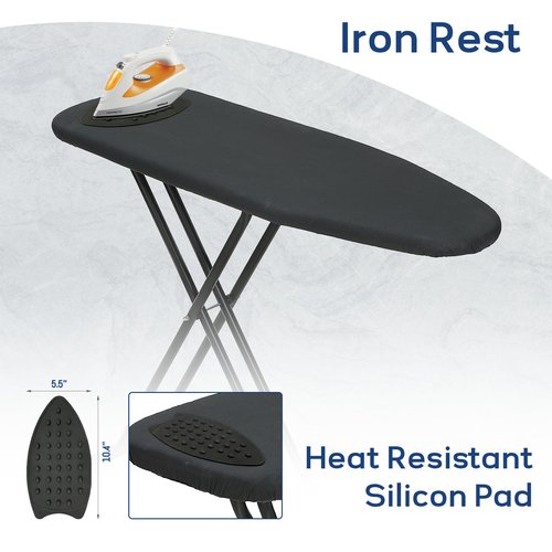 Ironing Board 43x13 with Iron Rest, RAINHOL Compact Iron Board Full Size with Thick Cover and Pad, Easy Storage Hanger with Heat-Resistant Silicone Pad, Space Saving and Height Adjustable, Black