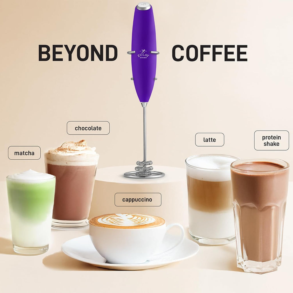Zulay Kitchen Tornado Triple Whisk Milk Frother - Handheld Foam Maker for Coffee & Lattes - Purple with 4 Duracell Batteries