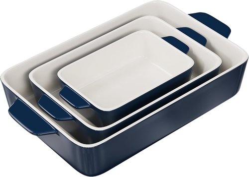 Kook Casserole Dish Set - Durable Ceramic Baking Pans with Handles | Large 8.5 x 14, 11 x 7, 8 x 5 (Navy)