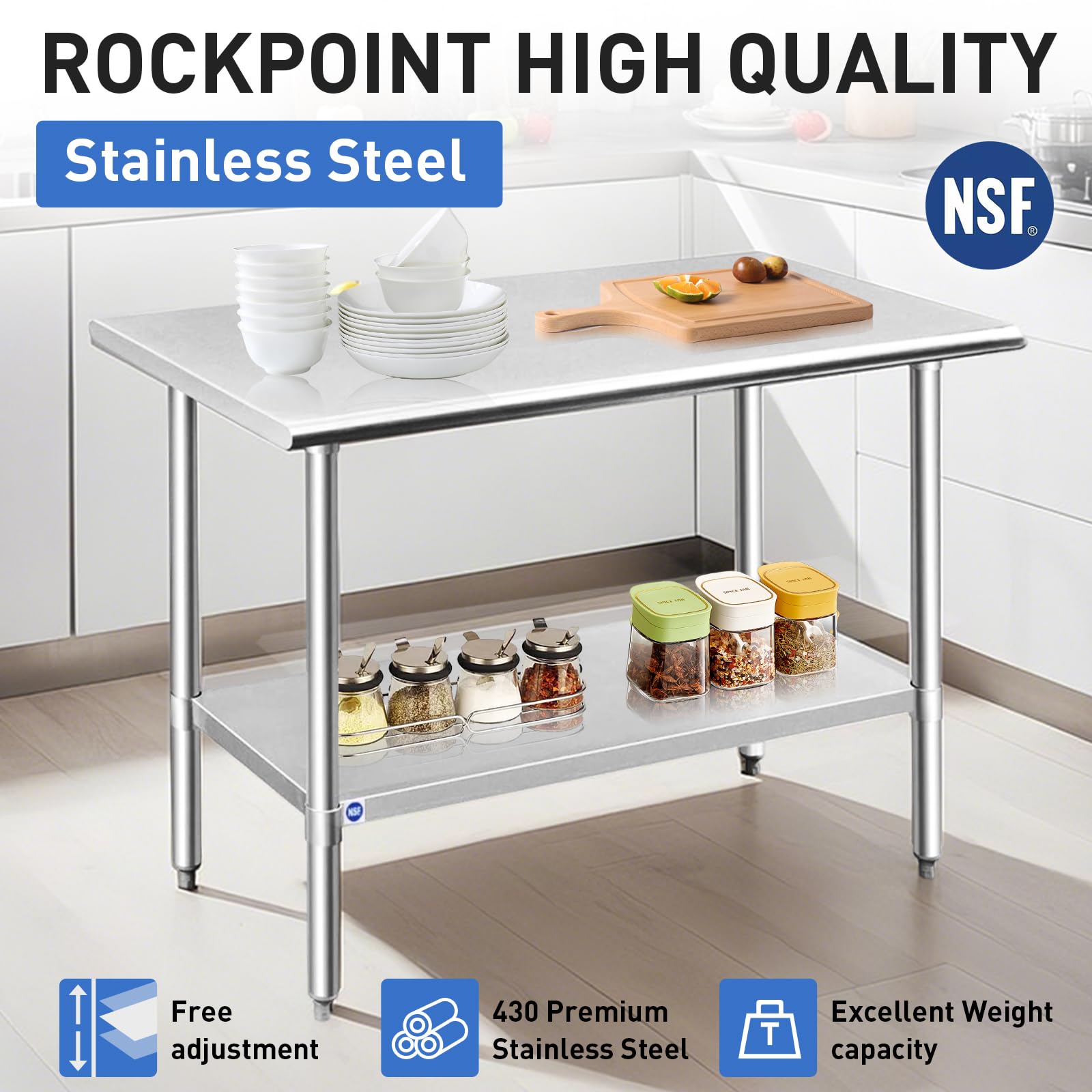 ROCKPOINT Stainless Steel Table for Prep & Work 24x48 Inches, NSF Metal Commercial Kitchen Heavy Duty Table with Adjustable Under Shelf and Table Foot for Restaurant, Home and Hotel