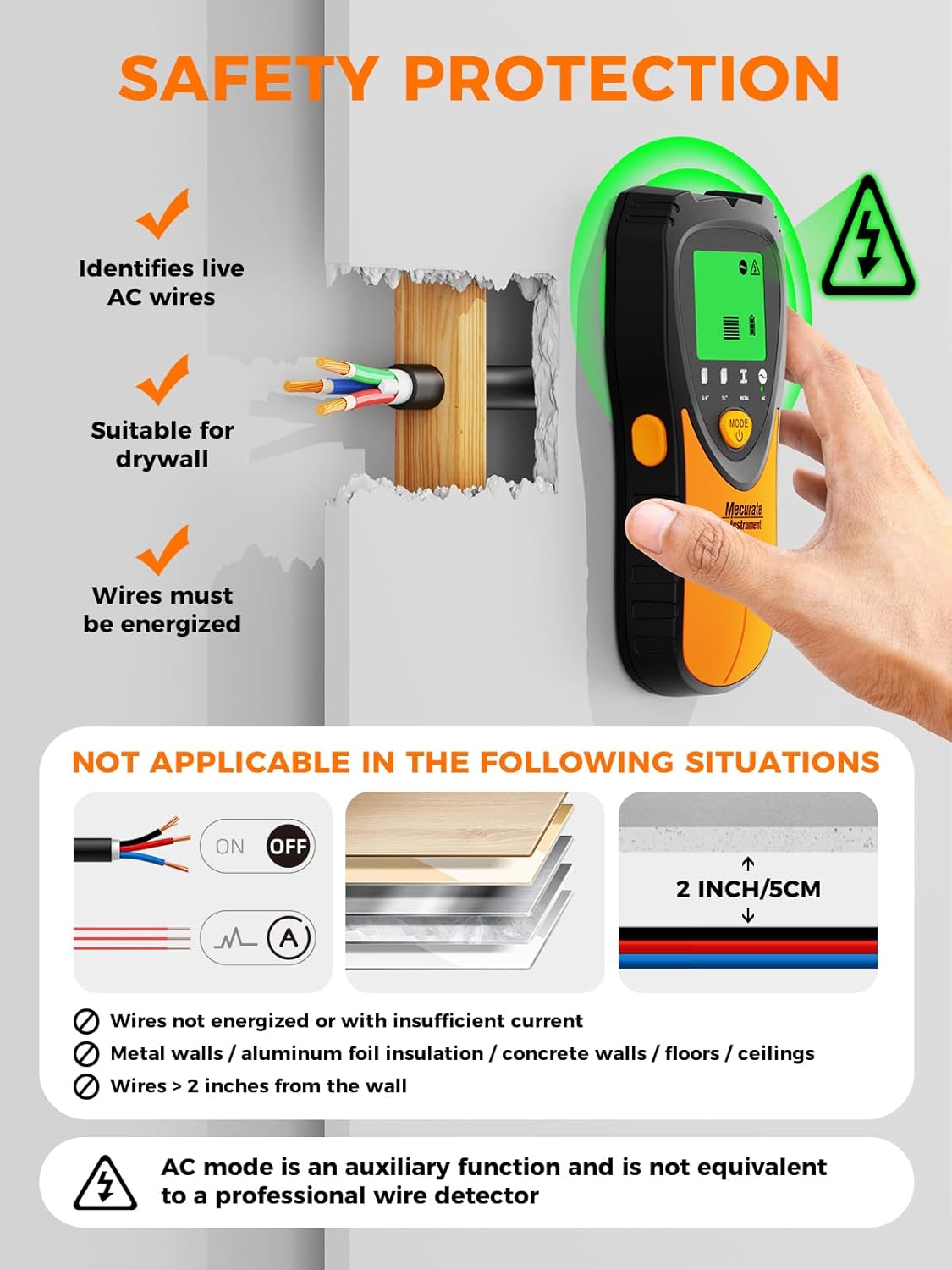 Mecurate Stud Finder - 5-in-1 Wall Scanner with LCD Display & Audio Alarm for Wood, Metal, AC Live Wires