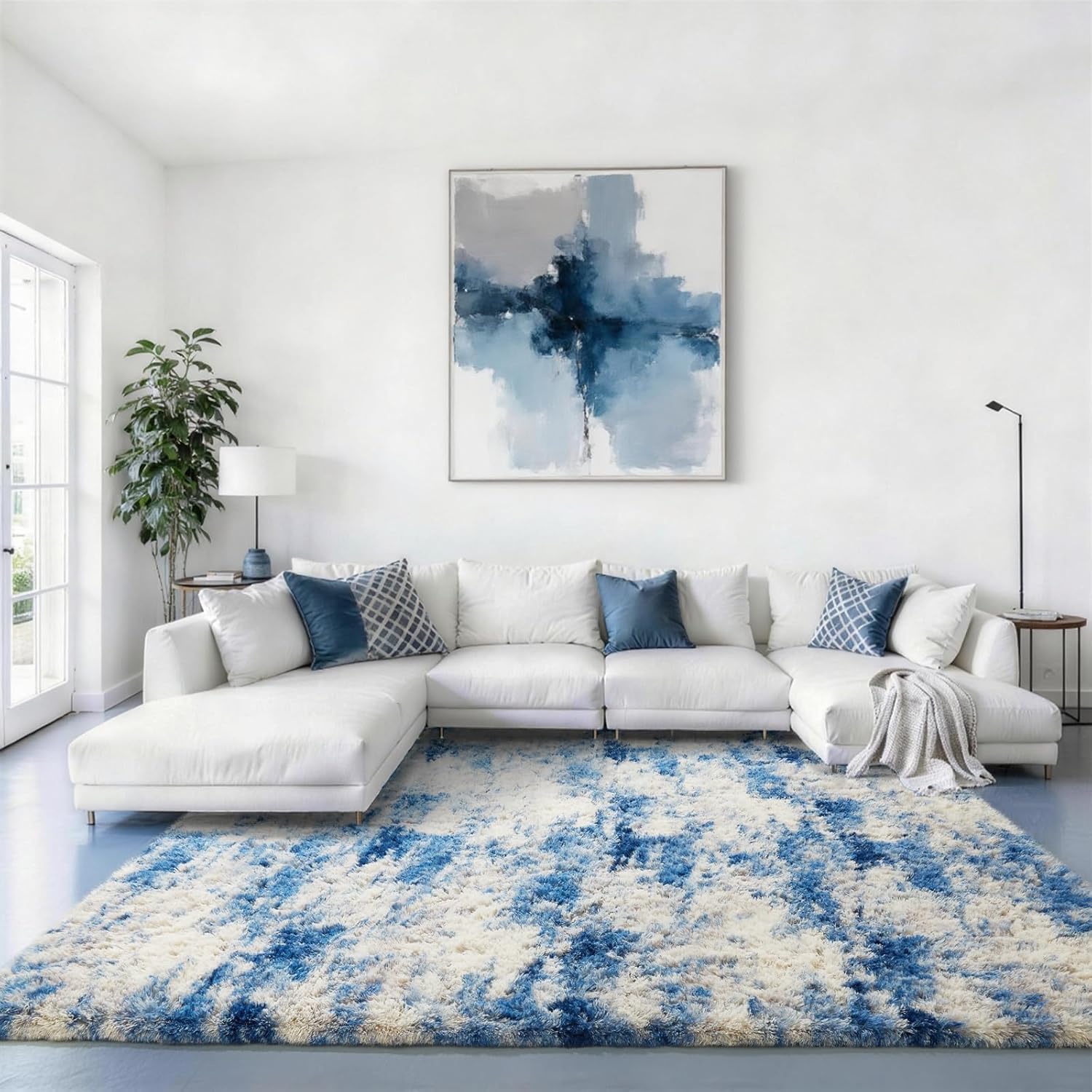 Ophanie Area Rug - Fluffy Shag Soft Carpet for Living Room | 6x9 Blue, White & Grey Design