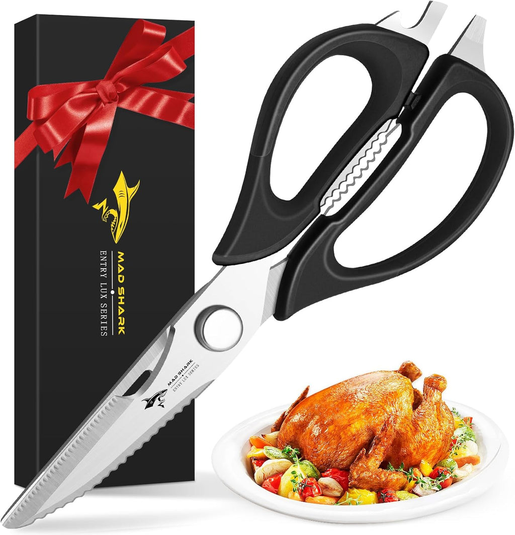 MAD SHARK Kitchen Scissors - Heavy Duty Stainless Steel Shears with Comfort Grip | Dishwasher Safe, Black