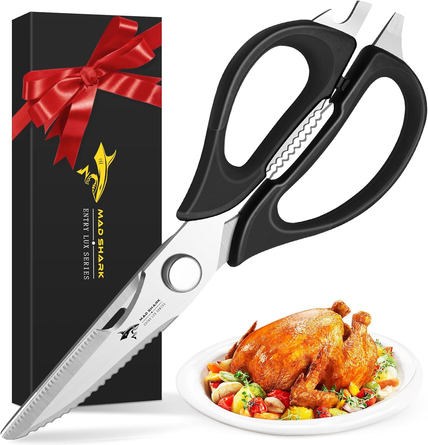 MAD SHARK Kitchen Scissors - Heavy Duty Stainless Steel Shears with Comfort Grip | Dishwasher Safe, Black