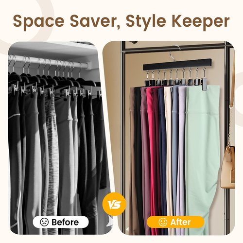 Draxzor 2 Pack Leggings Hangers for Closet, Wooden Legging Hanger for Closet Organizer with 20 Upgraded Clips Holds 20 Leggings, 360° Rotatable Space Saving Yoga Pants Hanger for Socks, Skirts, Black