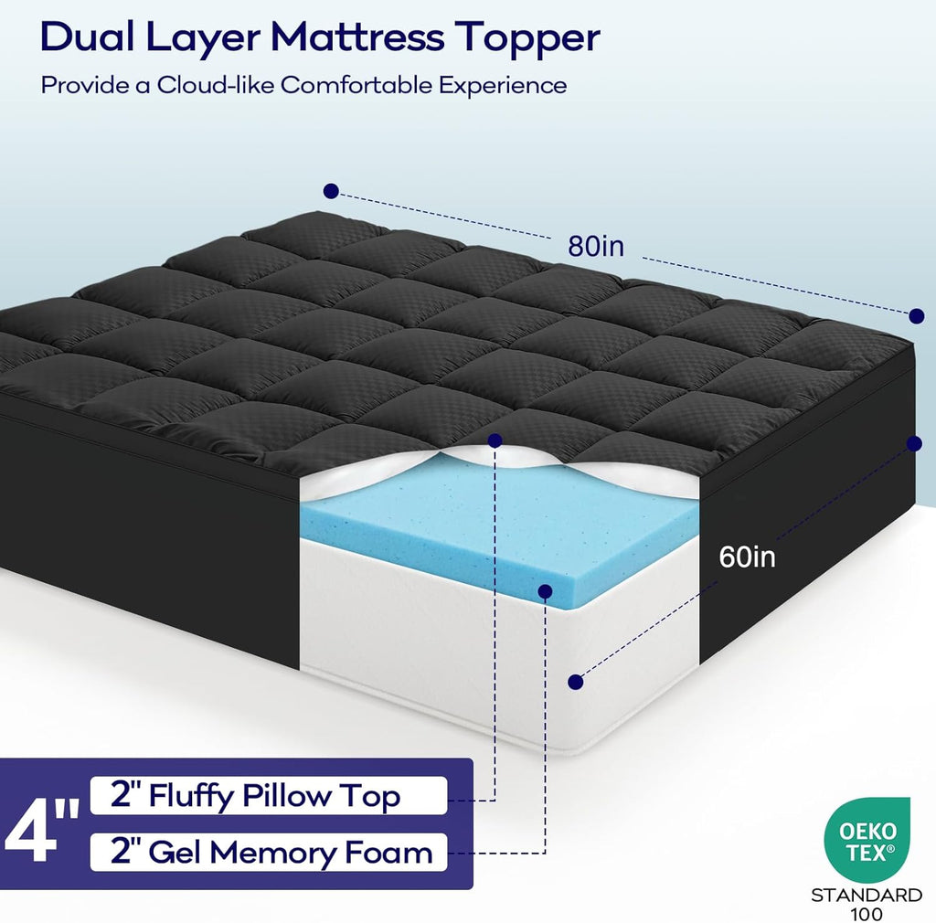 OLANLY Memory Foam Mattress Topper - 4 Inch Queen Size with Cooling Pillow Top & Gel Foam - Black
