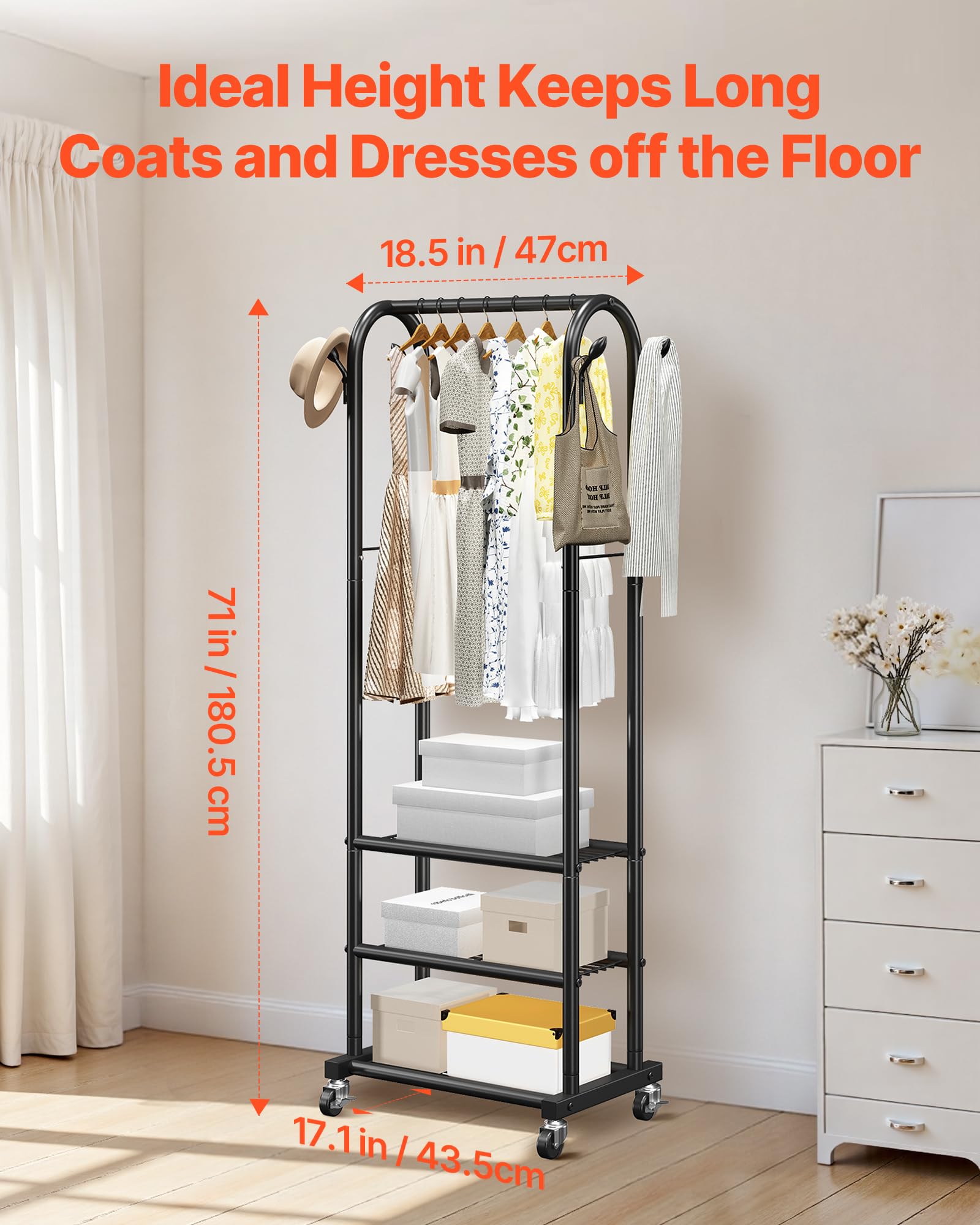 VEVOR Clothes Rack, Rolling Clothing Garment Rack with Hanging Rod and Side Hooks, 3 Storage Shelves, 99 lbs Load Capacity, Heavy Duty Carbon Steel Clothing Racks for Bedroom, Laundry, Living Room