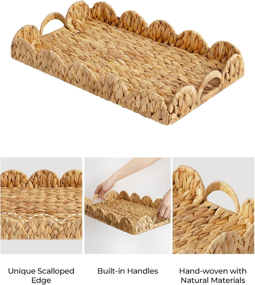 StorageWorks Large Wicker Serving Tray - Hand-Woven Scalloped Rattan Design with Built-in Handles | Natural Water Hyacinth
