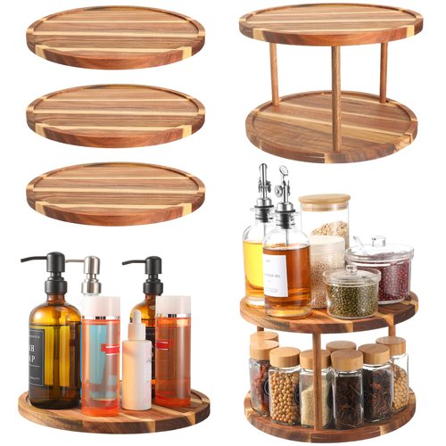 Reallnaive 6 Pcs 11" Acacia Wood Lazy Susan Organizer Set, 2 Tier and 1 Tier Turntable Tray for Cabinet Kitchen Countertop Pantry Table Organization Coffee Bar