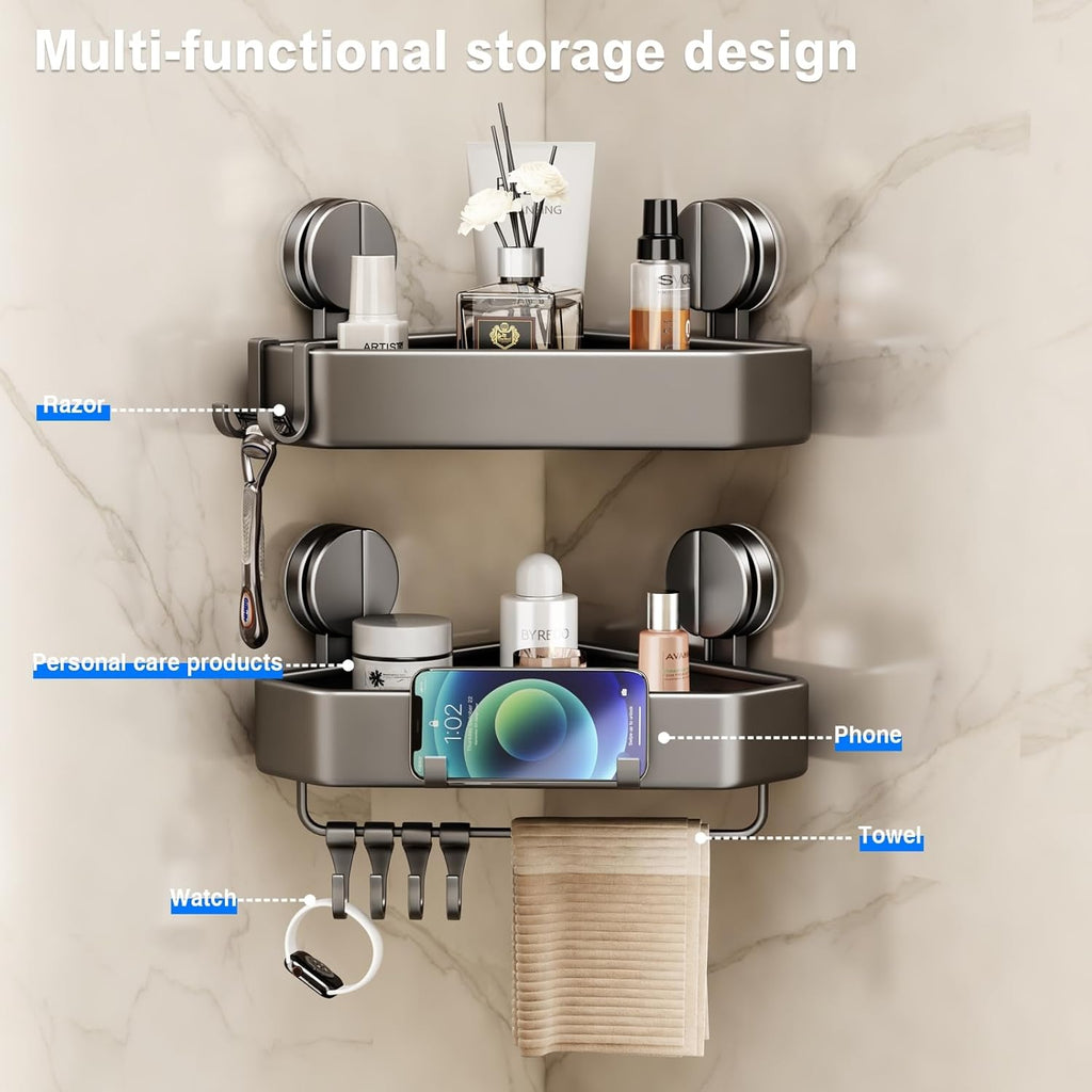Mustorn Suction Cup Shower Caddy - Rustproof Corner Organizer with Towel Holder & Hooks | 2 Pack (Gray)