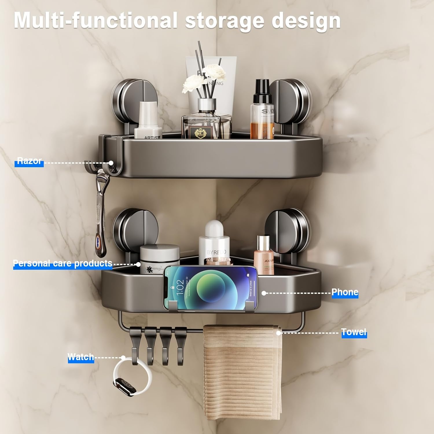 Mustorn Suction Cup Shower Caddy - Rustproof Corner Organizer with Towel Holder & Hooks | 2 Pack (Gray)
