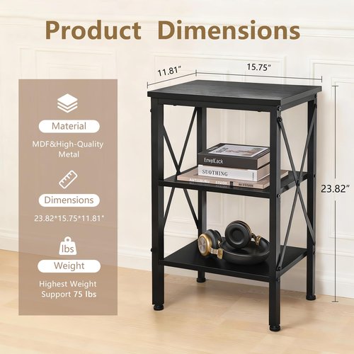 VECELO End Table, 24" Tall Living Room Side Tables, X-Design Reinforced Bedside Table, Nightstands with 3-Tier Storage Shelves for Small Spaces, Office, Bathroom, Bedroom, Classic Black, 1 Pack