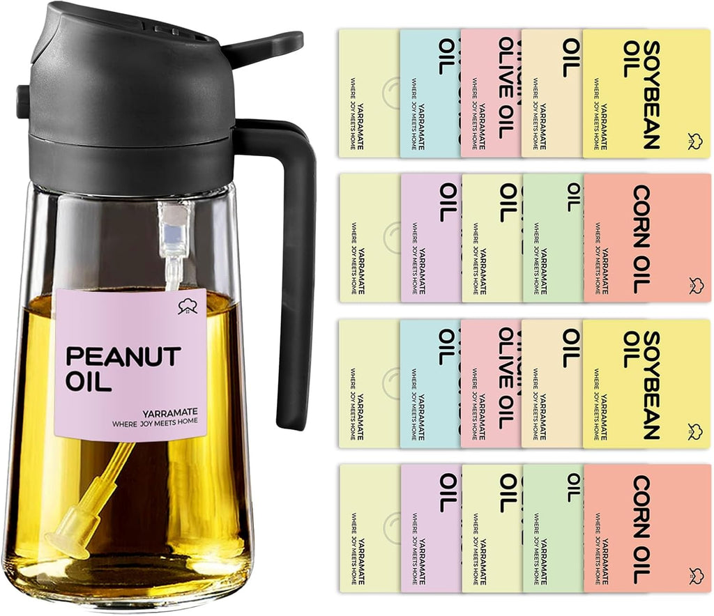 YARRAMATE Glass Olive Oil Sprayer - 16oz with 20 Color Labels | Elegant Black Design