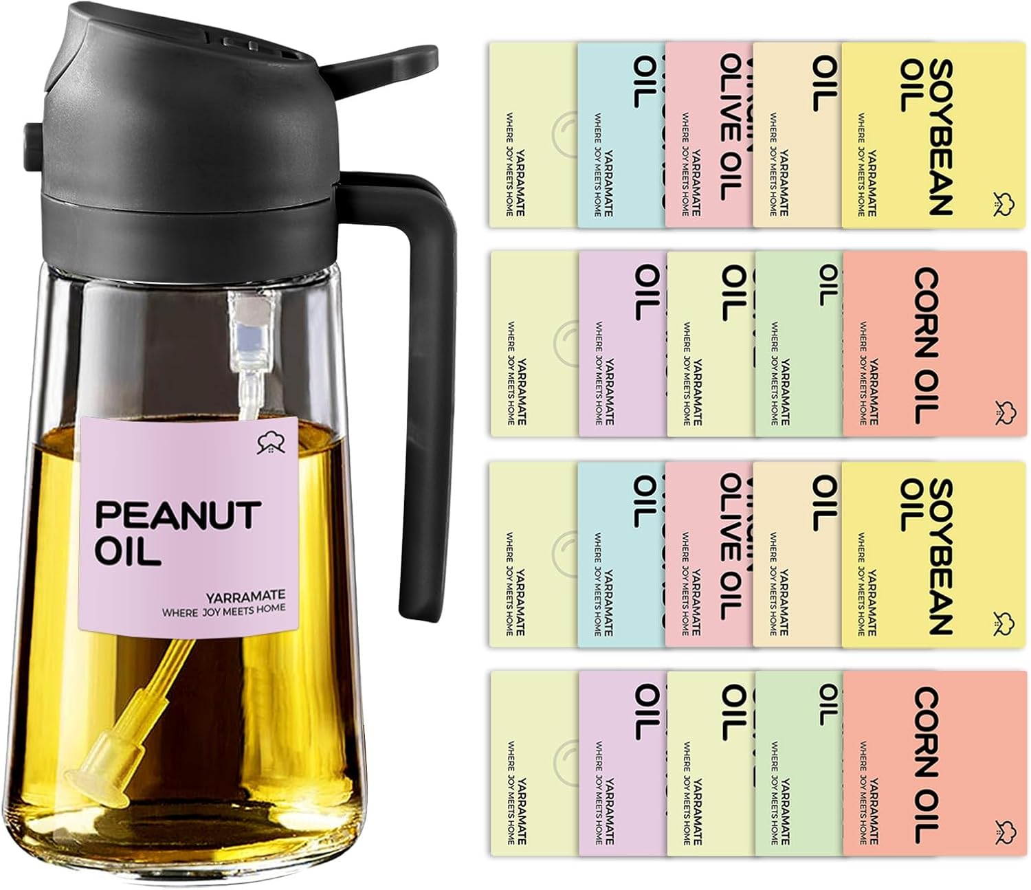 YARRAMATE Glass Olive Oil Sprayer - 16oz with 20 Color Labels | Elegant Black Design